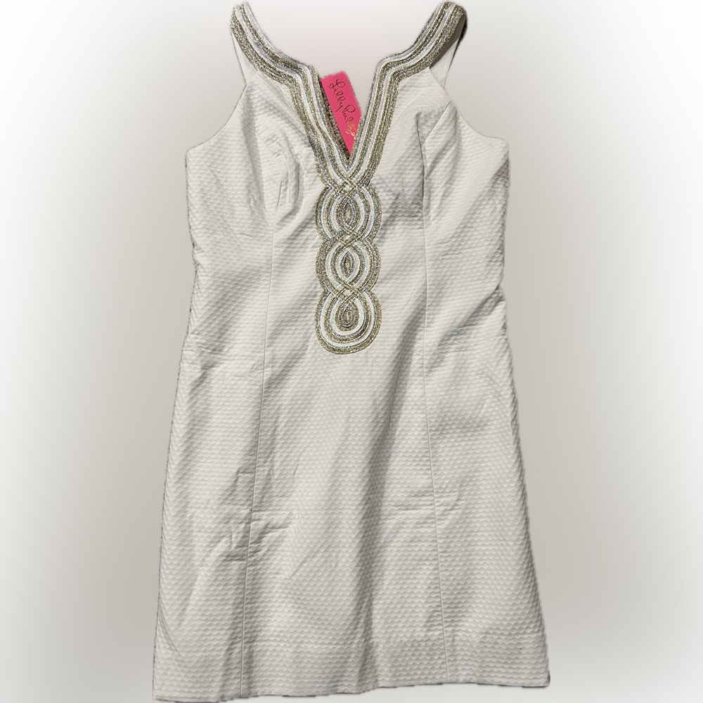 Lilly Pulitzer Gold and White Sheath Dress V-Neck Sleeveless